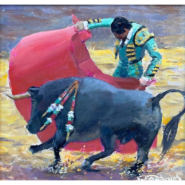 This oil painting captures a dynamic moment in a traditional Spanish bullfight, showcasing a matador in a vibrant costume...