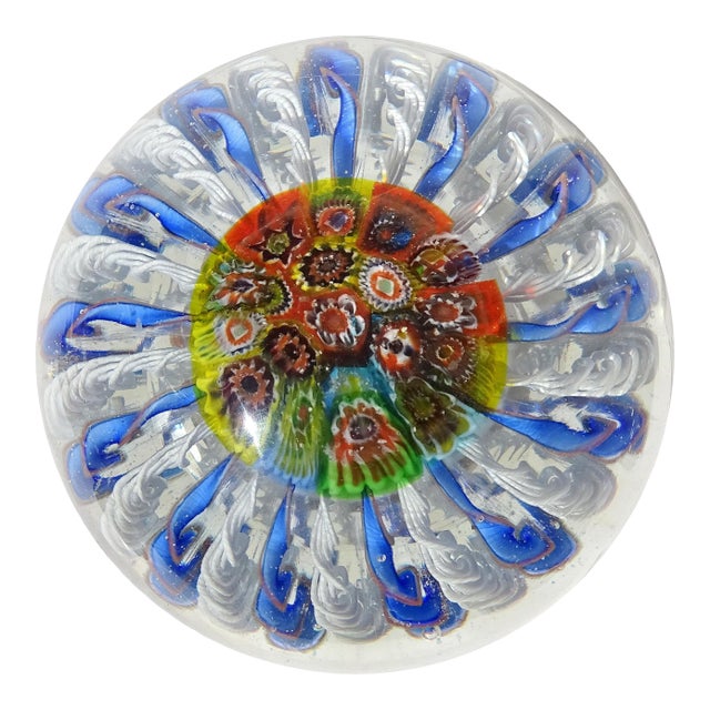 Murano Vintage Millefiore Flowers Twisting Zanfirico Ribbons Italian Art Glass Crown Top Paperweight For Sale