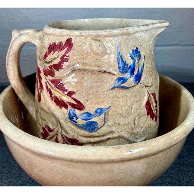 Antique Cartwright Bros Pottery Pitcher & Wash Basin. Depicting blue birds and red leaves. Pitcher- 7.5”L x 5.25”W x...