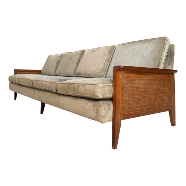 1960s Mid Century Modern Caned Walnut Velvet Long Sofa for Reupholstery 101" For Sale
