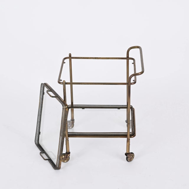Maison Jansen Mid-Century French Brass and Crystal Serving Bar Cart from Maison Jansen, 1950s For Sale - Image 4 of 13