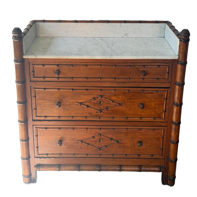 Chestnut Late 19th Century French Faux Bamboo Marble Top Chest of Drawers For Sale - Image 8 of 17