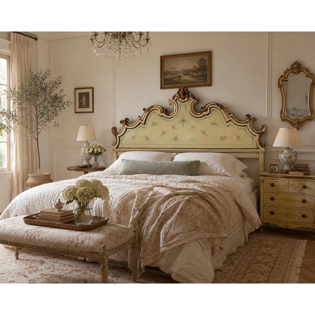 Elegant vintage king-size headboard by Karges, featuring an elaborate Venetian-inspired French Provincial design. Crafted...