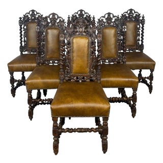 Set of 6 Antique Jacobean Hunt Chairs in Heavily Carved Oak With Cognac Leather For Sale