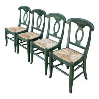 Vintage Pottery Barn Napoleon Dining Chairs in Distressed Green With Rush Seats - Set of 4 For Sale
