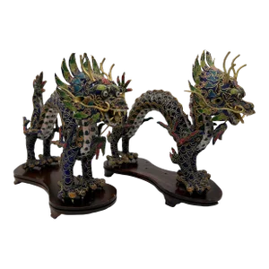 Pair, Chinese Export Cloisonne Enameled Dragon Figurines on Stands