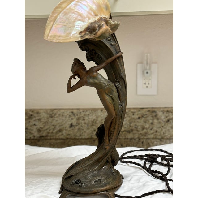 Metal Early 20th Century Art Nouveau Mermaid Lamp With Conch Shell Lamp For Sale - Image 7 of 10