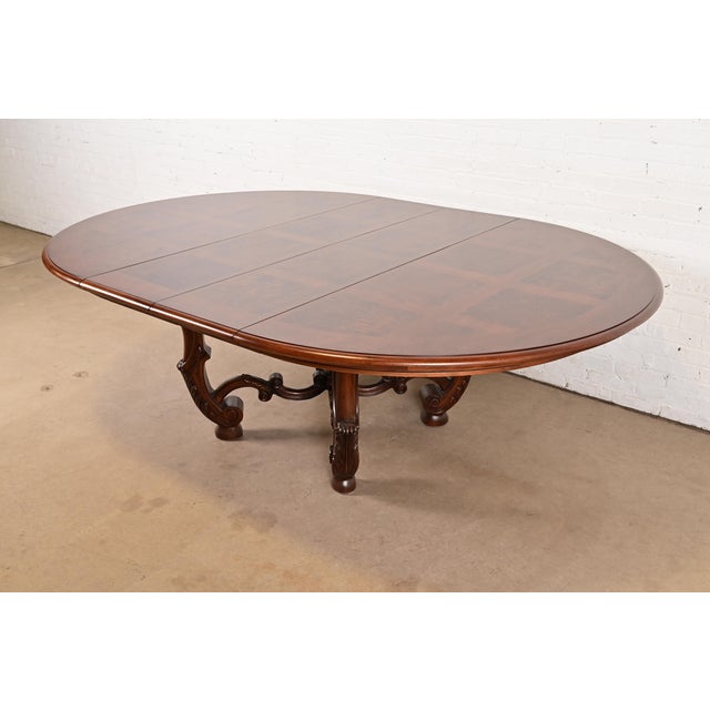 French Provincial Henredon Italian Provincial Carved Walnut and Burl Wood Pedestal Extension Dining Table, Newly Refinished For Sale - Image 3 of 14