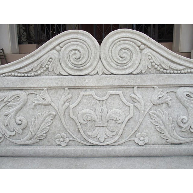 Stone Carved Italian Limestone Garden Bench With Fleur De Lys and Acanthus Decoration For Sale - Image 7 of 12