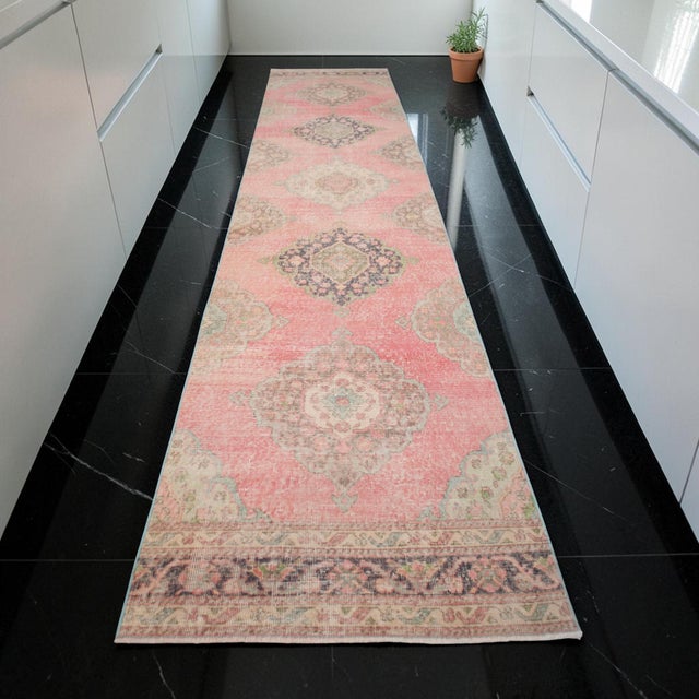 Long Turkish Hallway Runner 3x13, Muted Pink and Green Oushak Rug, Hand Knotted Vintage Runner, Mid-Century Entryway Rug For Sale - Image 4 of 15