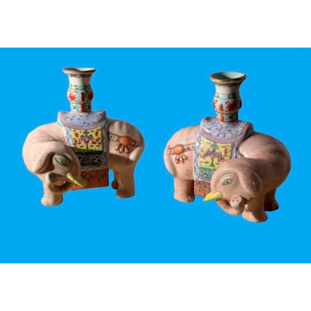 Chinoiserie Pair of Chinese Export Famille Rose of Enameled Elephant Candlestick or Josh Sticks, Early 20th C. For Sale - Image 3 of 10