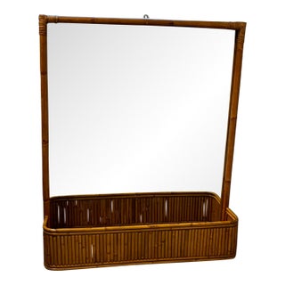 Pencil Rattan & Wicker Wall Mirror With Planter For Sale