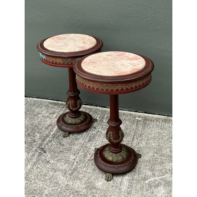 Sienna Vintage Regency Ormolu Pedestal Table With Inset Marble - Set of 2 For Sale - Image 8 of 12