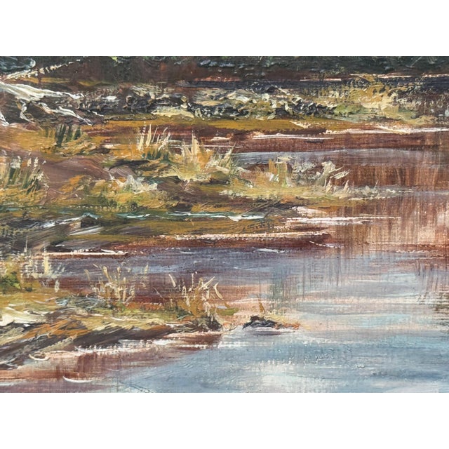 Late 20th Century Mountain Lake Forest Landscape Scene - Vintage 20th Century Oil Painting 1970 For Sale - Image 5 of 17