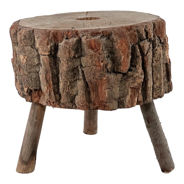 Antique Late 1800s Rustic Primitive Wood Adirondack Tripod Log Stool With Bark Exterior For Sale