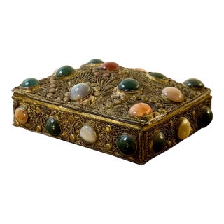 Antique Tibetan Filigree Jewelry Box, Agate Stone Brass Trinket Box For Sale