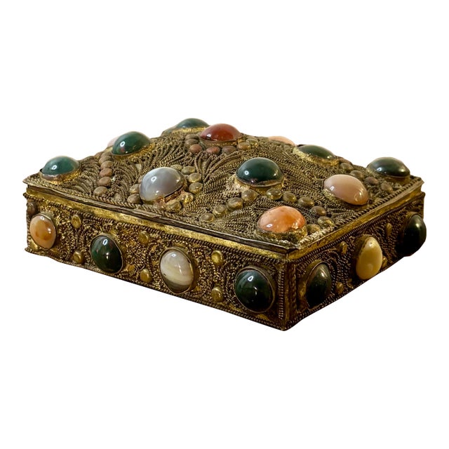 Antique Tibetan Filigree Jewelry Box, Agate Stone Brass Trinket Box For Sale