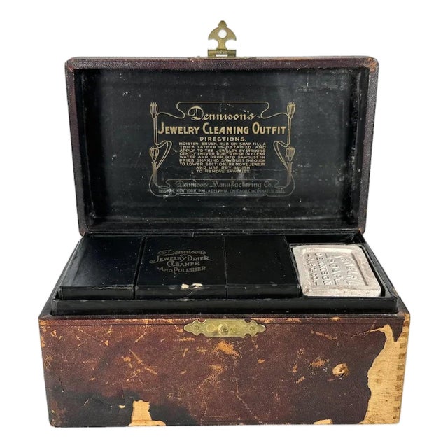 Antique Dennison's Jewelry Cleaning Kit: Dovetail Leather Box For Sale