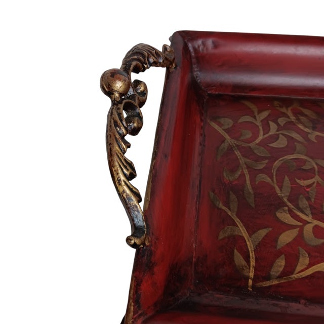 Large Metal Serving Tray Cranberry Red and Gold Leaf Vine Design Ornate Handles For Sale - Image 12 of 18
