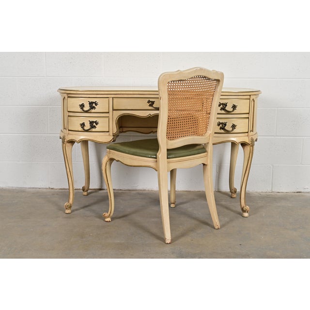 John Widdicomb Style French Provincial Louis XV Cream Lacquered and Gold Gilt Leather Top Ladies Writing Desk and Chair, Circa 1950s For Sale - Image 14 of 15