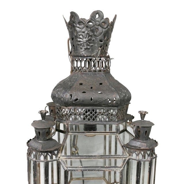 Arts & Crafts Moroccan Black Painted Tole Hall Lantern For Sale - Image 3 of 11