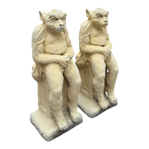 Vintage English Statues Garden Figures Gargoyles Seated Cast Stone Pair