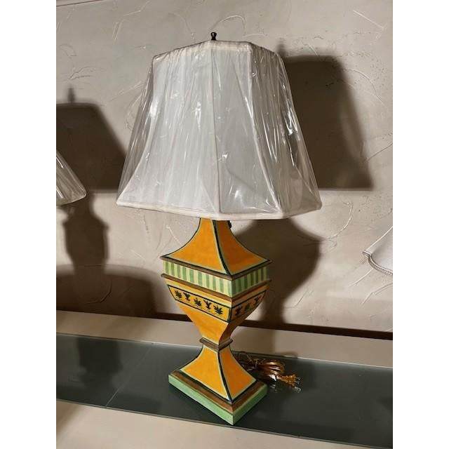 1 Bradburn Brightly Hand Painted Wooden Urn Shaped Lamp, Brass Finial, Off White Silk Shade.