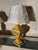 1 Bradburn Brightly Hand Painted Wooden Urn Shaped Lamp, Brass Finial, Off White Silk Shade.
