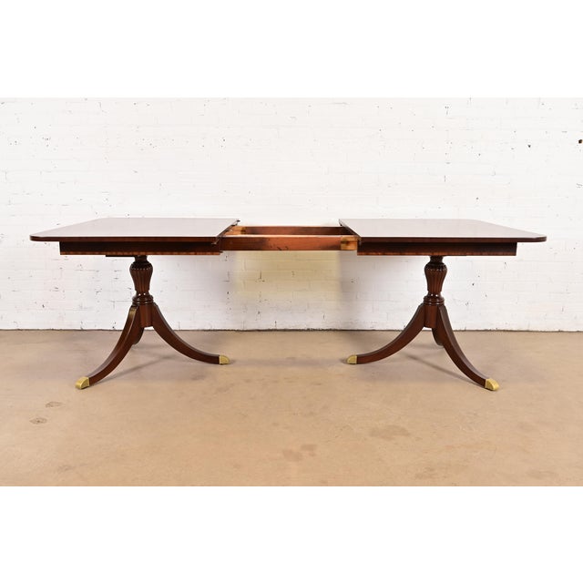 Baker Furniture Company Baker Furniture Style Georgian Banded Mahogany Double Pedestal Extension Dining Table, Newly Refinished For Sale - Image 4 of 11