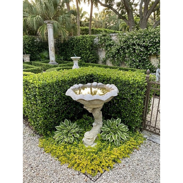 Stone Gray Vintage Scalloped Cast Stone Dolphin Birdbath For Sale - Image 8 of 11