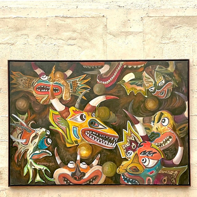 Vintage Boho Original Abstract Figurative Oil Painting on Canvas For Sale - Image 4 of 10