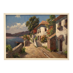Italian Coastal Village Oil Painting, Attributed to Garelli, Mid-Century