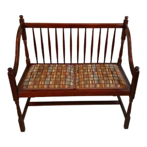 Antique Inspired Spindle Back Cherrywood Hall Bench With Removable Upholstered Seat.