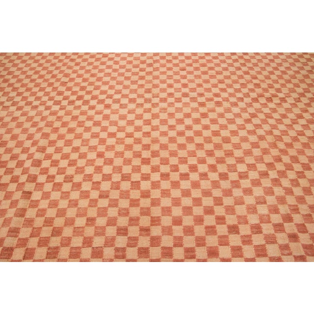 Orange Modern Kilim Handmade Wool Rug With Checker Design For Sale In New York - Image 6 of 7