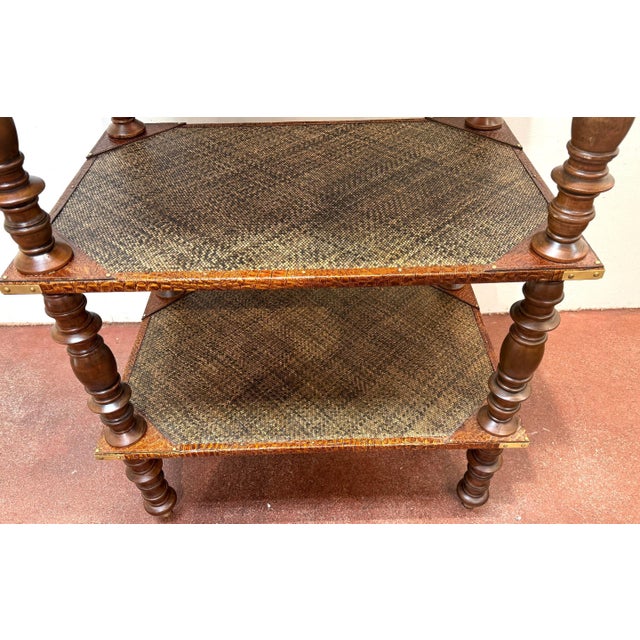 Pair of Four-Tier Anglo-Indian Leather, Brass & Rattan Étagères/ Shelves For Sale - Image 4 of 12