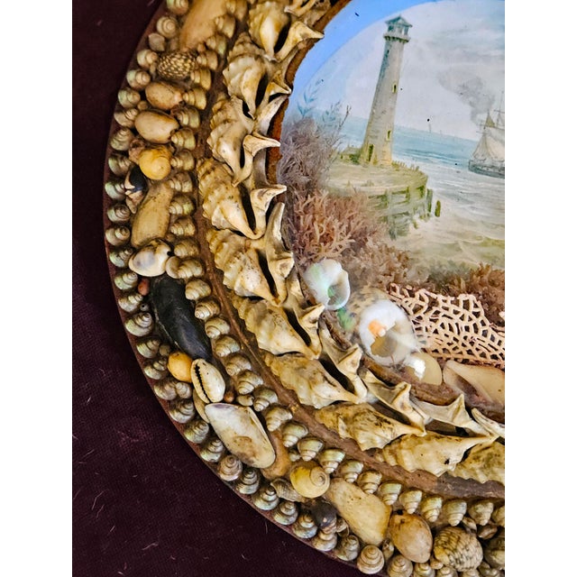 Blue Edwardian Shellwork Valentine Diorama of a Ship Passing Lighthouse For Sale - Image 8 of 18