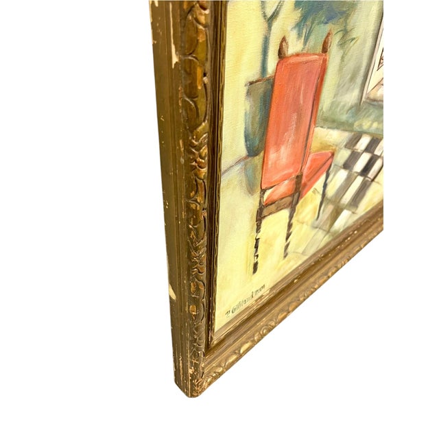 Vintage Spanish Style Naïve Folk Art Interior Painting in Ornate Carved Wood Frame For Sale - Image 11 of 12