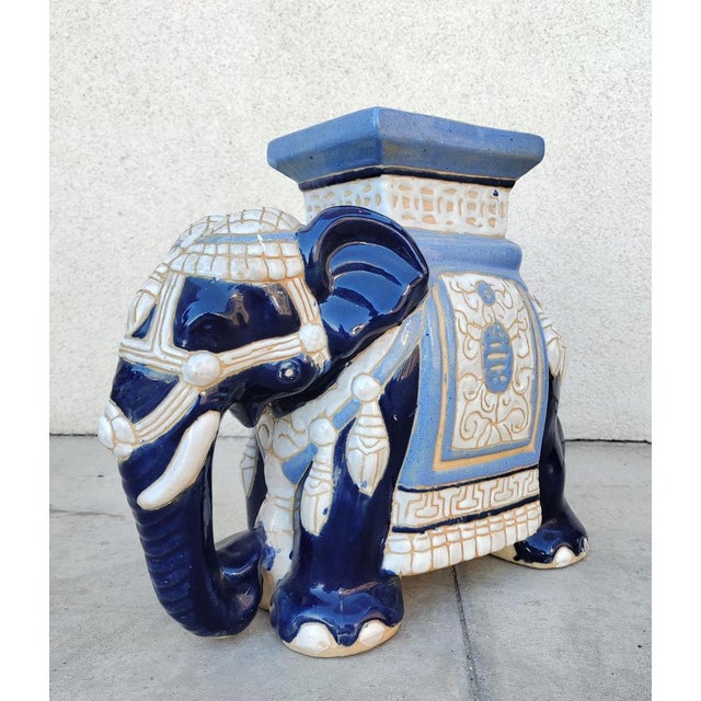 Blue Vintage Elephant Shaped Ceramic Garden Stool or Plant Stand, Belgium, 1960s For Sale - Image 8 of 10