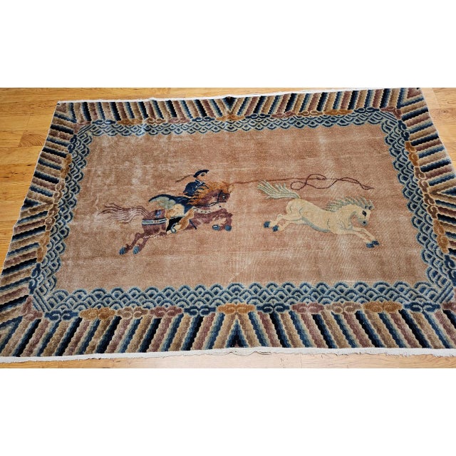 Mid 20th Century Vintage Chinese Pictorial Area Rug, Handwoven Wool on Cotton, Tan & Blue, 4' x 6' For Sale - Image 5 of 13
