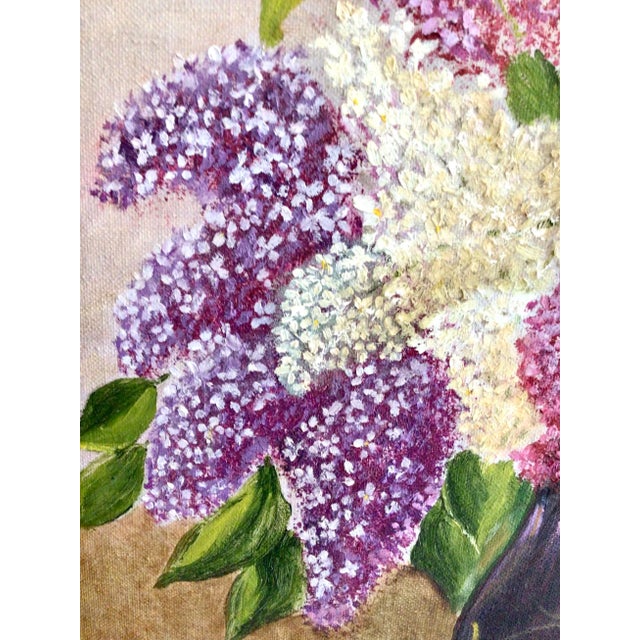 American Vintage Original Oil Painting “Lilacs in Vase” in Wood Frame For Sale - Image 3 of 13