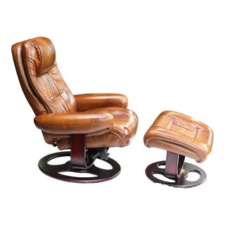 1990s Lane Furniture Leather Barka Lounger Recliner and Ottoman Set- 2 Pieces For Sale