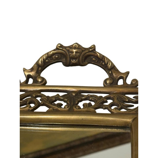 Baroque Vintage Brass Reticulated Vanity Mirror Tray, Pierced Acanthus Scroll, Figural Handles For Sale - Image 3 of 5