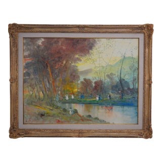 A. Sideris Impressionist Lake Scene Oil Painting on Canvas For Sale