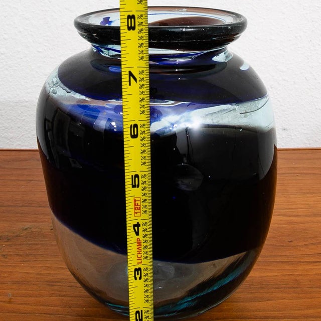 Mid Century Modern Studio Glass Vase Blue and Clear 70s Handblown Rounded Vessel For Sale - Image 10 of 11