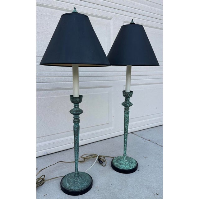 Pair of Vintage Frederick Cooper Verdigris Candlestick Buffet Table Lamps For Sale - Image 14 of 18