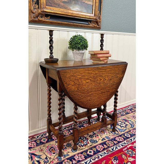 Antique English Table Drop Leaf Gateleg Barley Twist Oak Oval C. 1920-30s For Sale - Image 17 of 17