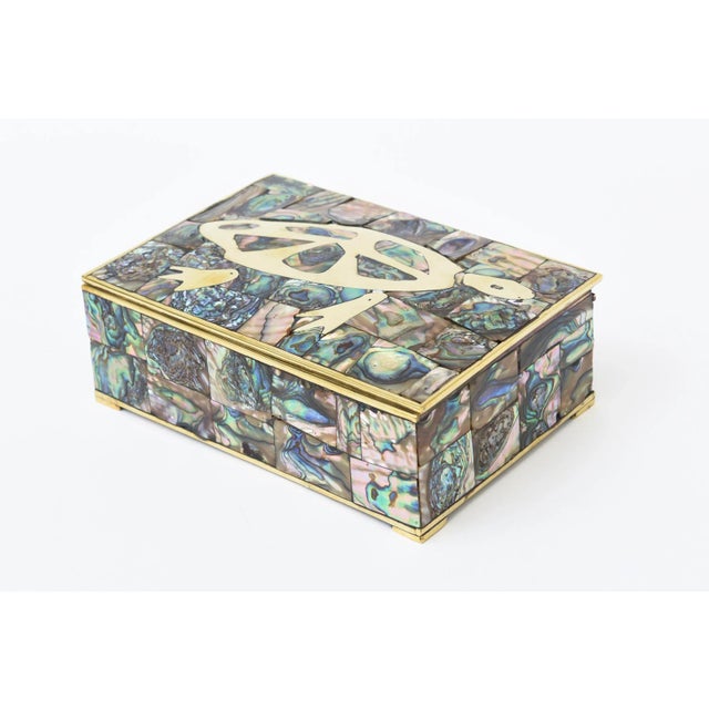 Mid-Century Modern Vintage Restored MCM Brass Turtle, Abalone and Rosewood Hinged Box, 1950's For Sale - Image 3 of 13