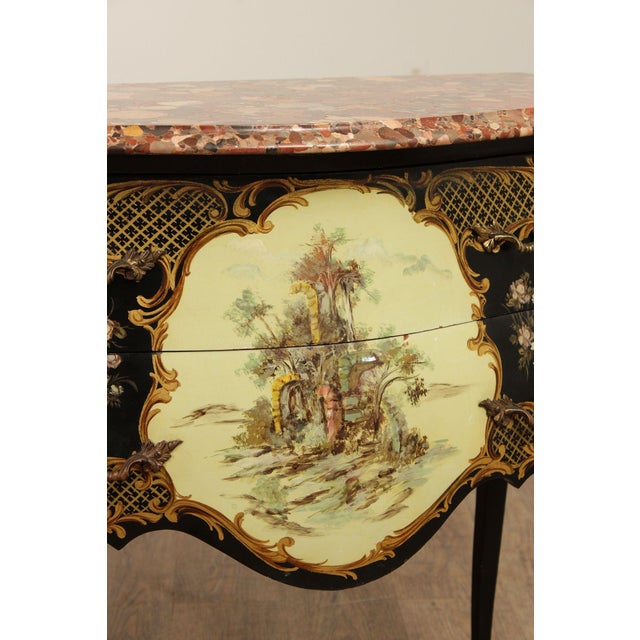 Brown Louis XV Style Hand Painted Marble Top Bombe Commode For Sale - Image 8 of 12