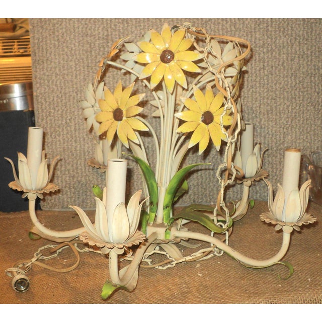 Vintage French Italian Tole Metal Painted Daisy Chandelier For Sale - Image 9 of 9