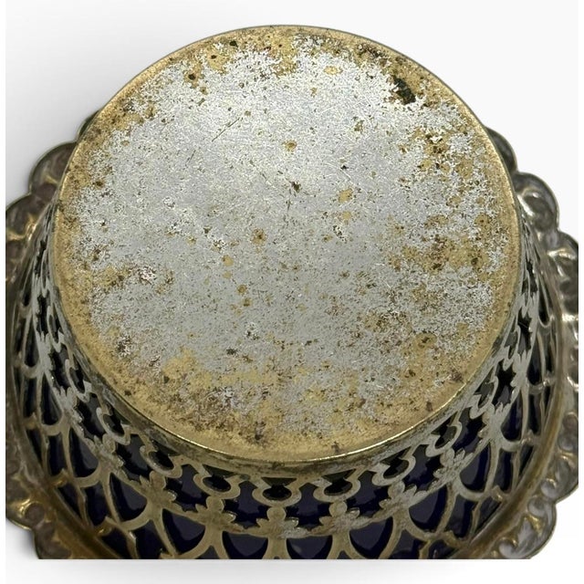 Metal Mid 20th Century Cobalt Blue Silver Plate Filigree Condiment Bowl For Sale - Image 7 of 12